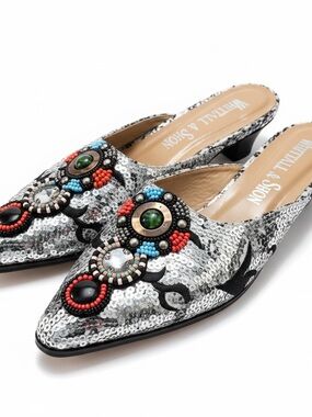Whittall & Shon Sequin Beaded Mules Low Heel Slides - Size 9 NEW  💎BLING💎